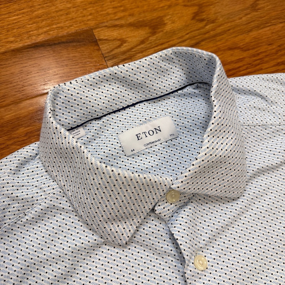 Eton Contemporary Button-Down Shirt Mens 17.5-44 Blue Geometric Print Stretch